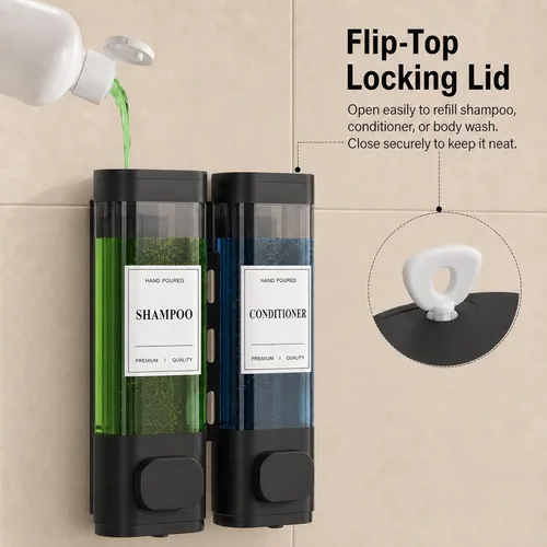 Vista 5 de Dispensador de champú y acondicionador – Dispensador de jabón de ducha montado en la pared, instalación sin taladro, con cerradura, capacidad de 900