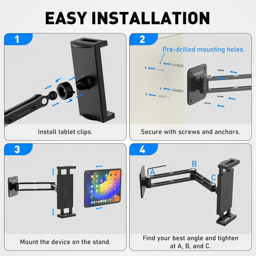 Vista 8 de Urmust Soporte de pared para tableta para iPad, rotación de 360°, soporte ajustable para tablet con brazo extensible de aluminio, para iPad