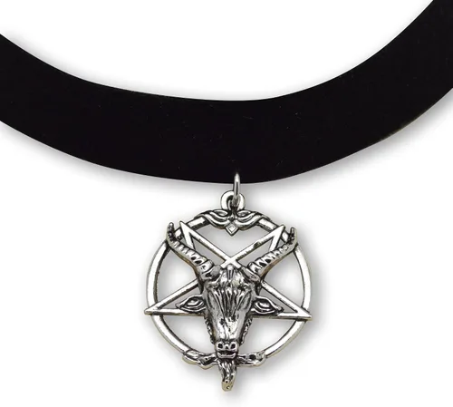 Vista 2 de Baphomet - Gargantilla de terciopelo negro con cabeza de cabra y pentáculo invertido, ajustable, Metal