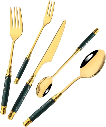 Vista 11 de JASHII Fancy Silverware - Juego de cubiertos de acero inoxidable dorado, juego de cubiertos de espejo, cuchillo y tenedor, cuchara, cucharadita