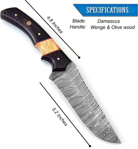 Vista 5 de Cuchillo de acero de Damasco hecho a mano para caza, cuchillo de hoja fija para camping, supervivencia y actividades al aire libre, 10 pulgadas