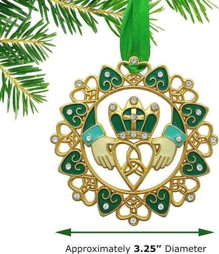 Vista 4 de Adornos de Navidad irlandeses – Diseño Claddagh dorado con joyas y esmalte – Caja de regalo con poema irlandés – Bolsa de almacenamiento de regalo