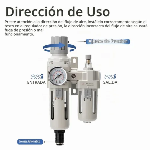 Vista 5 de Regulador de presión de aire con medidor de presión (0-150PSI), separador de agua para compresor de aire, drenaje automático, interfaz roscada 1/2