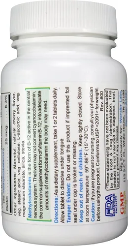 Vista 3 de Vitamina B12 sublingual (1000 mcg), B6 (5 mg), ácido fólico (400 mcg) y biotina (25 mcg), formulado con metilcobalamina vitamina B-12 (100 tabletas)
