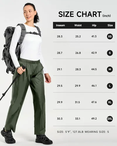 Vista 7 de Hebepol Pantalones de lluvia para mujer, ligeros, impermeables, a prueba de viento, para senderismo, pesca, al aire libre, con bolsa
