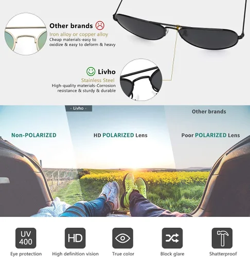 Vista 4 de livho Classic Polarized Aviator Sunglasses UV Mirrored Lens Metal Retro Shades