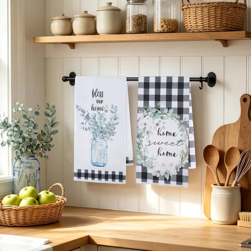 Vista 7 de SINLAND Microfiber Garden Leaf Print Kitchen Tea Towels 16x24 Inch 2 Pack Leaf X 2