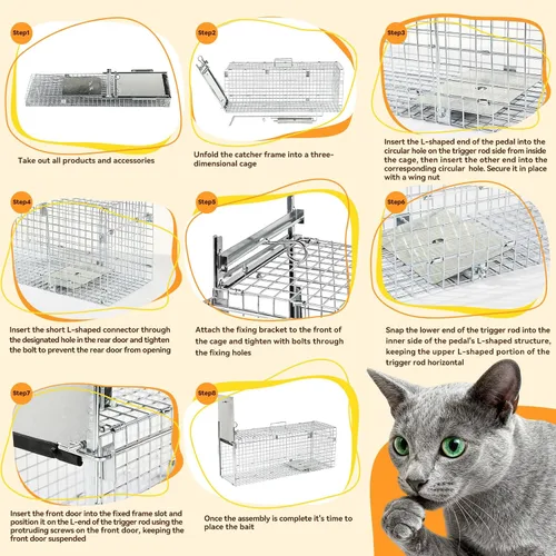 Vista 8 de Jaula plegable de 32 pulgadas para animales vivos Jaula de trampa de animales para gatos callejeros, mapaches, armadillos y conejos