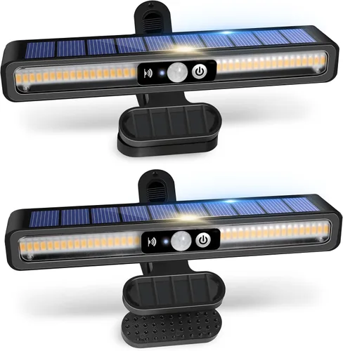 Vista 8 de Luces solares de movimiento con clip para exteriores, impermeables, paquete de 2 luces con sensor de movimiento para exteriores con 36 LED, 3000 K