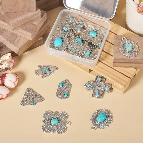 Vista 8 de 16 dijes de piedra turquesa de 8 estilos, estilo tibetano, vintage, bohemios, curativos, piedras preciosas colgantes grandes, joyería occidental