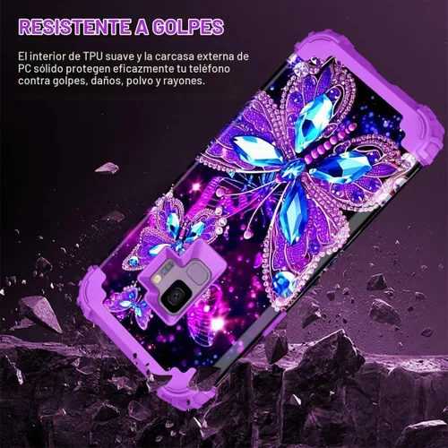 Vista 5 de Casetego Funda para Galaxy S9, que brilla en la oscuridad, tres capas, resistente, a prueba de golpes, policarbonato duro+silicona suave Púrpura