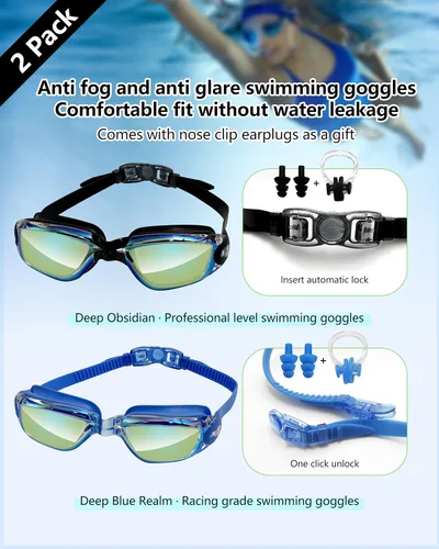 Vista 4 de Gafas de natación profesionales, antivaho, protección UV, a prueba de fugas, diseño de visión amplia para adultos, paquete de 2 gafas de natación