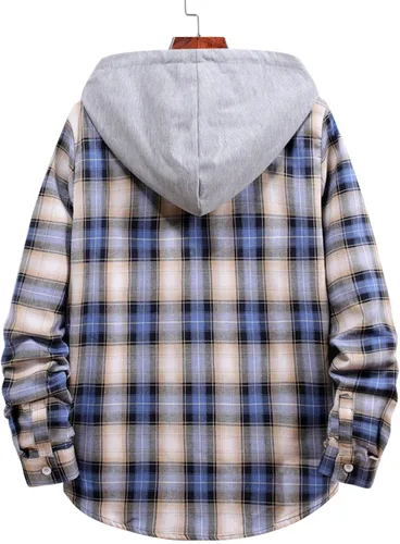 Vista 2 de Camisas de algodón a cuadros para hombre, chaqueta de franela con forro polar para hombre, camisa a cuadros de moda, hip hop, cárdigan con capucha