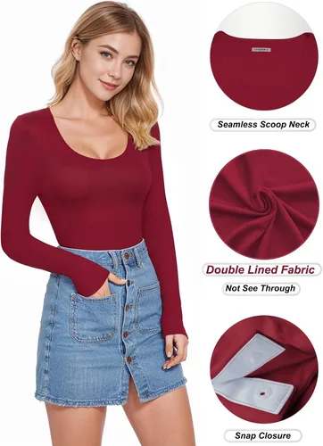 Vista 2 de MANGOPOP Body de doble forro fruncido para mujer, manga larga, cuello redondo, cuello cuadrado, camisas básicas