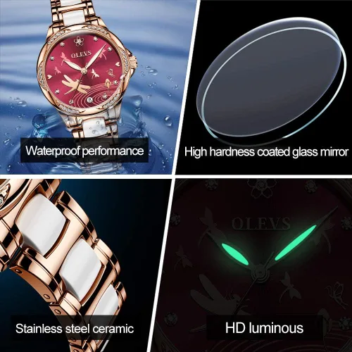 Vista 7 de OLEVS Relojes automáticos para mujer, mecánico, esfera de corazón, esfera de corazón, oro rosa, banda de cerámica, impermeable, luminoso, fecha
