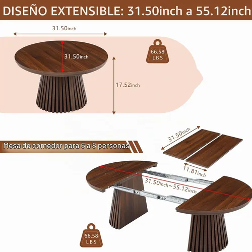 Vista 2 de SSLine Mesa auxiliar extensible, 31.5 a 55.1 pulgadas, redonda a ovalada, mesa de centro de madera de nogal con base acanalada, 3 longitudes Mesa