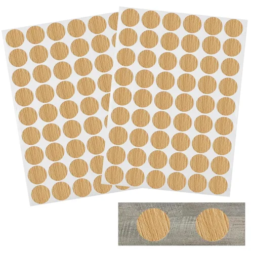 Vista 8 de Waziaqoc 108 calcomanías autoadhesivas para agujeros para tornillos (roble claro), 2 hojas de mesa, tapas de rosca, tapas de PVC, a prueba de polvo