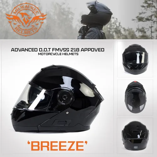 Vista 7 de Milwaukee Helmets MPH9815DOT Breeze - Casco modular de motocicleta avanzado negro brillante con visera desplegable