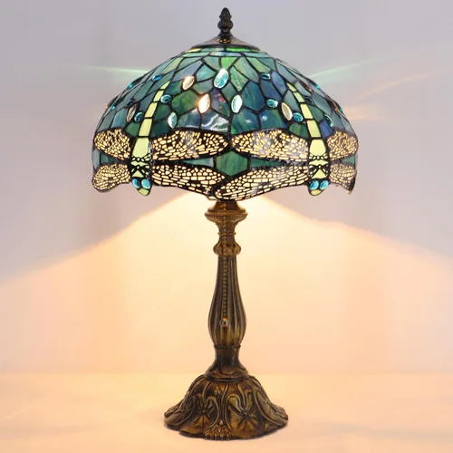 Vista 4 de Tiffany Lamp Stained Glass Table Lamp Bedside Reading Light W12H19 Inches (Sea Blue Dragonfly Style)