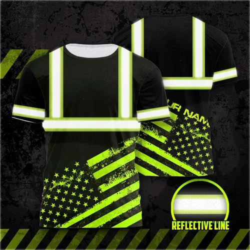 Vista 2 de Camisa de alta visibilidad con bandera de Estados Unidos de color para hombres y mujeres, con nombre personalizado, camisa de seguridad reflectante