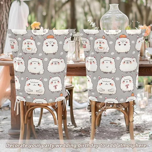 Vista 5 de Chairs Slipcovers Anti-Dust for Party Set of 2 Chair Covers with Bottom Straps cubre sillas para comedor Decor Cute Cartoon Alpaca Dark Grey Kids