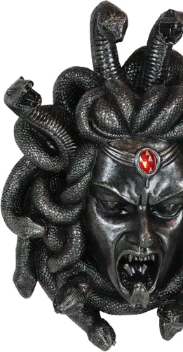 Vista 9 de Ebros Mitología griega Gorgona Diosa Medusa Cabeza con pelo de serpientes y frasco rojo de gema de sangre Decoración de pared Estatua de 16 pulgadas