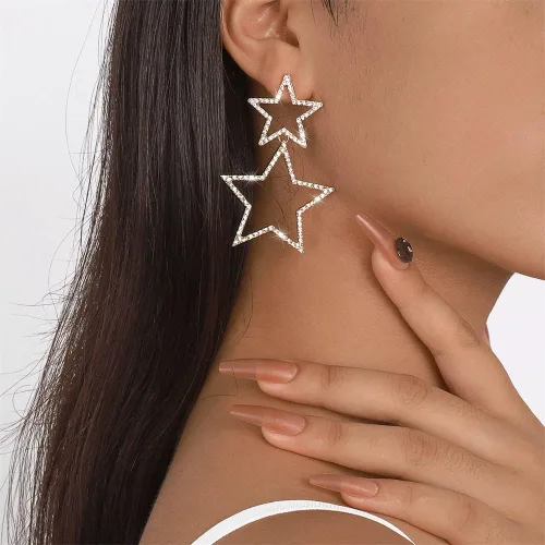 Vista 3 de Rhinestone Big Star Dangle Earrings for Women Girls Hypoallergenic Crystal Long Tassel Stars Charms Drop Dangling Stud Fashion Lightweight Festival