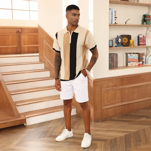 Vista 2 de Camisas polo de moda para hombre, camisas de punto vintage a rayas, camisas de golf casuales ajustadas