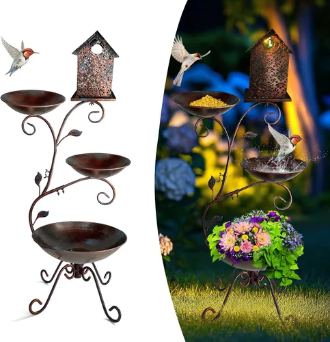 Vista 12 de HONGLAND Baño de metal para pájaros de 36.5 pulgadas con enrejado, baño para pájaros de jardín al aire libre con cuenco desmontable y soporte