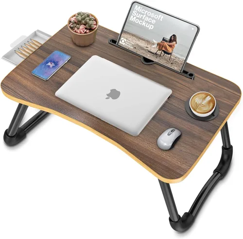 Vista 7 de Zapuno Mesa de cama plegable para laptop, mesa multifunción con cajón de almacenamiento y soporte para botella de agua, bandeja de servir mesa