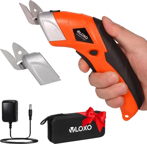 Vista 9 de VLOXO Tijeras eléctricas, cortador de cartón inalámbrico, tijeras de tela eléctrica, mini cortador de caja con cuchillas, multiherramienta Amarillo