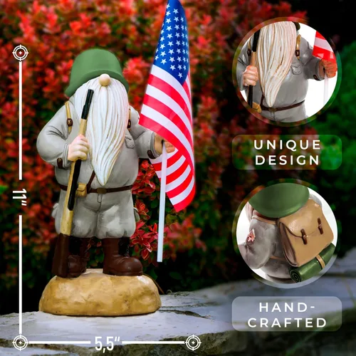 Vista 4 de Gnomo de jardín solar patriótico con bandera estadounidense, gnomos de jardín armados de resina de 11 pulgadas, estatua para exteriores, decoración