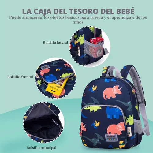 Vista 5 de willikiva Mochila de dinosaurio 3D para niños y niñas, mochila impermeable con arnés de seguridad preescolar (azul oscuro)