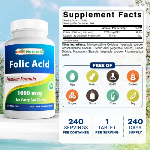 Vista 2 de Best Naturals Ácido fólico 1000 mcg (vitamina B9), 240 tabletas