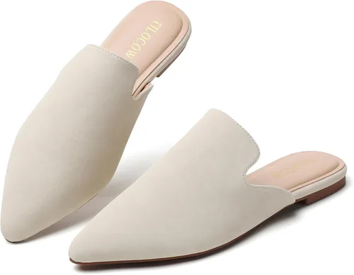Vista 23 de Tilocow Mules para mujer, cómodos mocasines puntiagudos, sin espalda, planos, zapatos casuales de negocios, deslizantes, sin cordones beige
