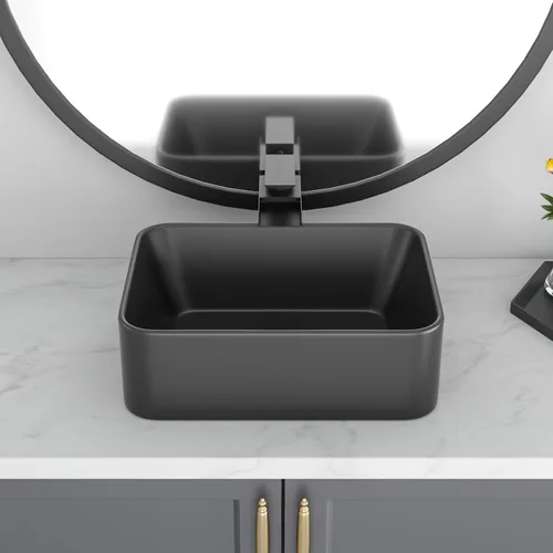 Vista 3 de Lavabo de baño negro de 16 x 12 pulgadas, lavabo de apoyo rectangular para baños, de cerámica, sobre mostrador, lavabo rectangular de baño, lavabo