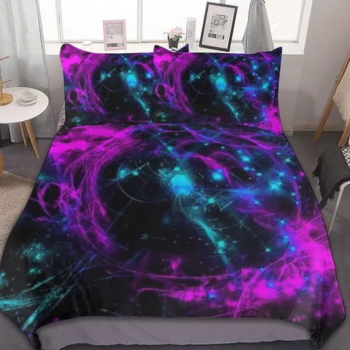 Vista 24 de Juego de 3 piezas de edredón neón que brilla en la oscuridad, funda de almohada de microfibra con cremallera para cama matrimonial, Queen