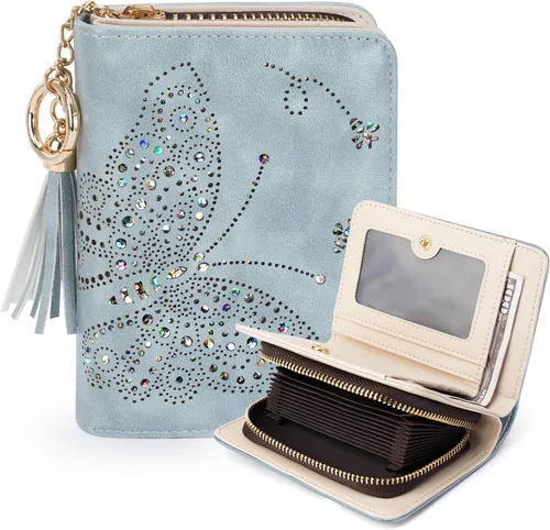 Vista 12 de KITEVIUN Cartera RFID delgada para mujer con doble pliegue, tarjetero con cremallera y monedero, cartera ultradelgada compacta con ventana