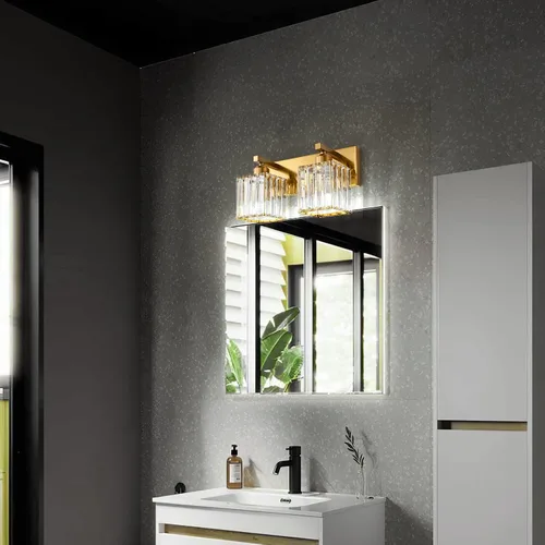 Vista 3 de Lámpara de cristal de pared moderna de latón cepillado dorado con 2 luces para tocador de baño Oro Recto