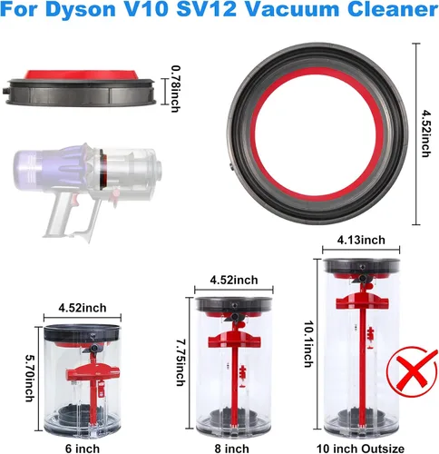 Vista 2 de Anillo de sellado fijo en la parte superior del depósito de polvo para aspiradora Dyson V10 SV12, diámetro de soporte de 4.52 pulgadas, piezas