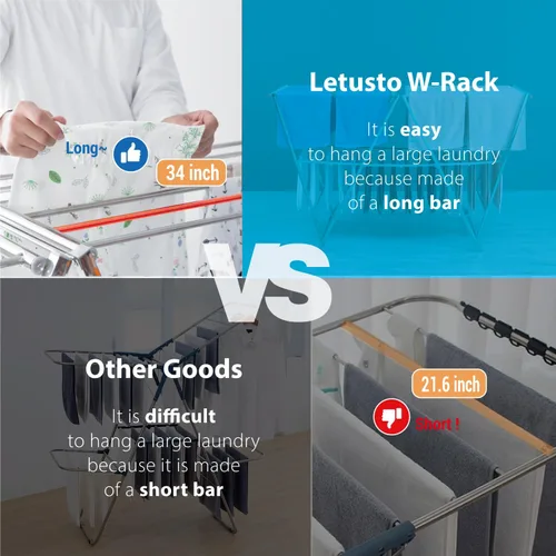 Vista 9 de Letusto W-Rack - Estante de secado de ropa para ropa – Estante plegable para ropa interior y exterior – Soporte para secadora de ropa de lavandería