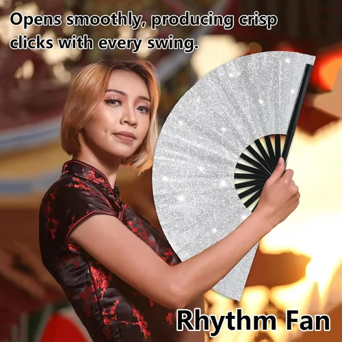 Vista 3 de Large Folding Hand Fans (6pcs) for Line Dancing Plata