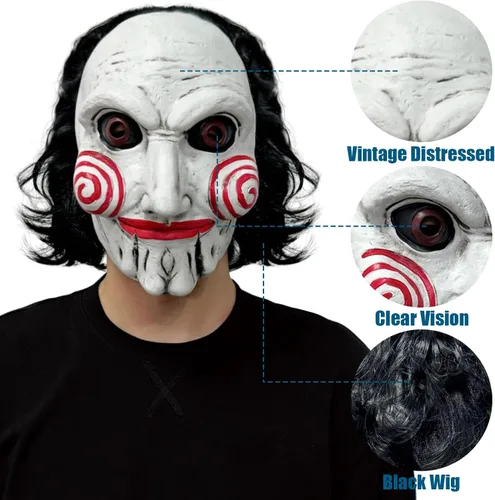 Vista 2 de Máscara de rompecabezas, disfraz de Billy The Puppet para adultos, máscara de cabeza completa de Halloween
