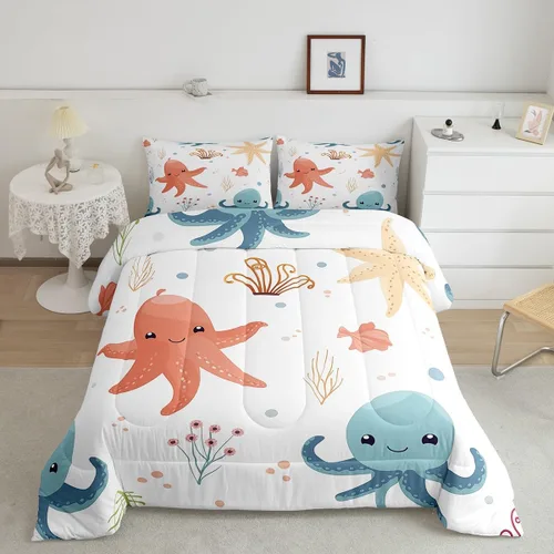 Vista 33 de Erosebridal Juego de edredón de ballena náutica, tamaño individual, juego de ropa de cama vintage azul con ondas oceánicas para niños y niñas