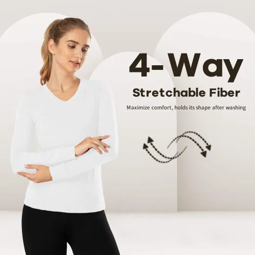 Vista 54 de MANCYFIT Tops térmicos para mujer, camisa con forro polar, manga larga, capa base, cuello en V