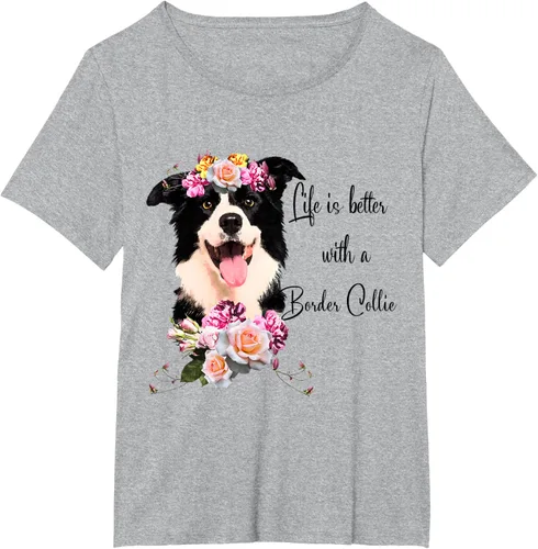 Vista 71 de Life is Better With a Border Collie - Camiseta de perro lindo con flores, gris, S Gris Oscuro