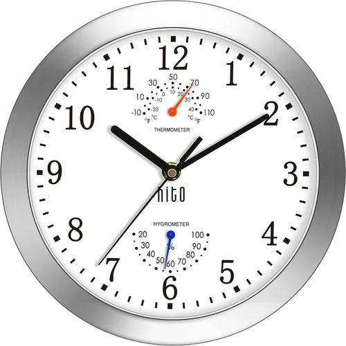 Vista 30 de HITO Reloj de pared silencioso de 10 pulgadas, funciona con pilas, sin tictac, cubierta de vidrio, marco de aluminio plateado, para decoración