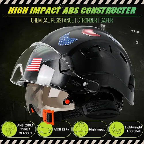 Vista 2 de Construction Hard Hats with Clear and Tinted Visor - OSHA Approved ANSI Z89.1 Dual Eye Protection Black Hard Hat with Chin Straps for Men