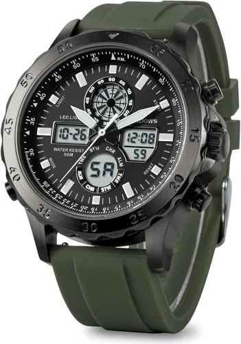 Vista 2 de PINDOWS Reloj para Hombres, Impermeable Esfera Grande Analógico Digital Deportivo Multifuncional Retroiluminación LED Relojes de Pulsera de Moda
