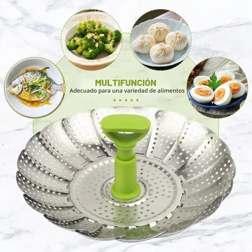 Vista 5 de Cesta de vapor plegable de acero inoxidable (7-11 pulgadas) con mango resistente al calor, ideal para cocinar mariscos, verduras, frutas, expandible